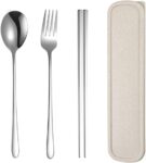 Xihuimay 3pcs Stainless Steel Chopsticks Fork Spoon Set with Travel Case Non-Slip Tabeware Pack Metal Portable Flatware Set Utensils Chinese Japanese Korean for Cooking Eating Dishwasher Safe, White