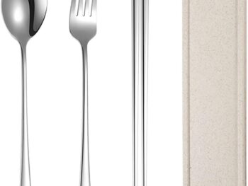 Xihuimay 3pcs Stainless Steel Chopsticks Fork Spoon Set with Travel Case Non-Slip Tabeware Pack Metal Portable Flatware Set Utensils Chinese Japanese Korean for Cooking Eating Dishwasher Safe, White