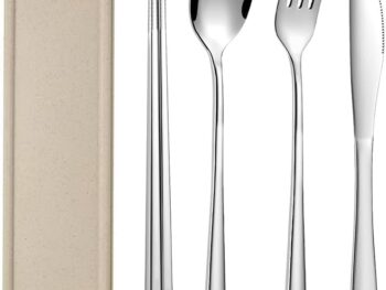 Portable Travel Utensils with Case, 18/8 Stainless Steel 5pcs Cutlery Set Portable Camp Reusable Flatware Silverware, Include Fork Spoon Chopsticks with Case