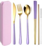 6 Pieces 18/8 Stainless Steel Flatware Set Portable Reusable Cutlery Set Travel Utensils Set Including Chopsticks Knife Fork Spoon Straws Cleaning Brush Dishwasher Safe (Purple golden)