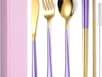 6 Pieces 18/8 Stainless Steel Flatware Set Portable Reusable Cutlery Set Travel Utensils Set Including Chopsticks Knife Fork Spoon Straws Cleaning Brush Dishwasher Safe (Purple golden)