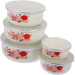 5Pcs Enamel Mixing Bowl Set Vintage Enamel Bowl with Lid Chinese Style Soup Basin Salad Fruit Food Storage Container Prep Serving Bowls for Kitchen Tableware