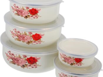 5Pcs Enamel Mixing Bowl Set Vintage Enamel Bowl with Lid Chinese Style Soup Basin Salad Fruit Food Storage Container Prep Serving Bowls for Kitchen Tableware