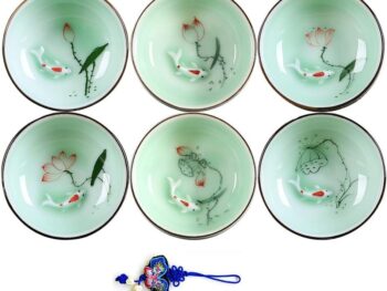 Hand Painted Kungfu Teacup,Chinese Long-quan Celadon Teacup,Fishes and Lotus Pattern,set of 6