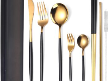 8 Pieces Stainless Steel Flatware Set Portable Reusable Cutlery Set Travel Utensils Set Including Chopsticks Knife Fork Spoon Straws Cleaning Brush Dishwasher Safe (Black Golden)