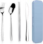 5 Piece  Portable Travel Utensils Set with Case, Premium 304 Stainless Steel Camping Utensils Set, Reusable Silverware for Camping, Lunch, Work, School, etc, Easy to Clean (Silver)