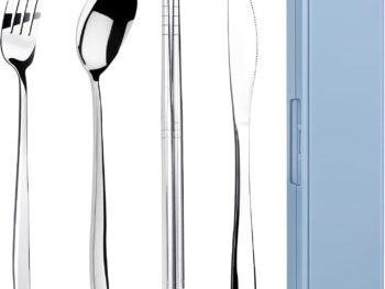 5 Piece  Portable Travel Utensils Set with Case, Premium 304 Stainless Steel Camping Utensils Set, Reusable Silverware for Camping, Lunch, Work, School, etc, Easy to Clean (Silver)