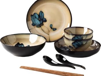 Top Porcelain China Dinnerware Set, Stoneware&Ceramic Dinnerware Sets,Ceramic Cookware Tableware Set Includes Dinner China Plates|Chinese Spoons|Pasta Bowls|Soup Pot|Chopsticks (9PCS * 2-person Set)