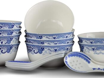 10 Pcs Fine Bone China Blue and White Chinese Soup Bowls Ceramic Porcelain Bowl, with Free 10 Porcelain Spoons Rice Bowl