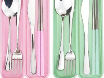 2 Pcs Travel Utensils with Case, Reusable Lunch Box Silverware Set for Adult, Stainless Steel Cutlery Set Include Fork Spoon Knife Chopsticks Case for Work Camping Office School (Pink+Green)