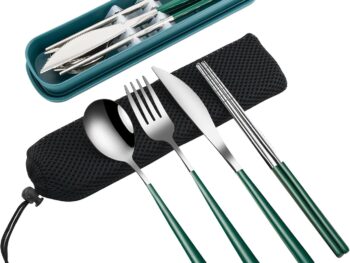 4-Piece Portable Travel Utensils Set with Case 18/8 Stainless Steel Flatware Set Reusable Cutlery Set with Fork Spoon Knife Chopstick for Lunch Travel Camping School Work Picnic (Deep Green)