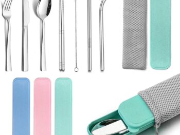 Portable Travel Utensils with Case, Stainless Steel Silverware Set for Camping Office School Lunch, Including Knife Fork Spoon Chopsticks, Reusable and Dishwasher Safe(Green)