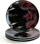 Dragon Noir Dining Plates 9” – Set of 4 Bone China Dinner Plates with Traditional Chinese Dragon Design, Microwave & Dishwasher Safe – Perfect for Chinese New Year Decorations