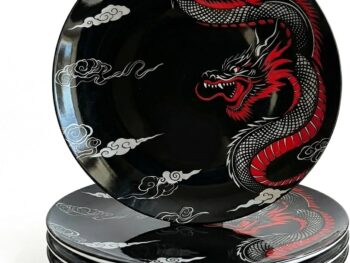 Dragon Noir Dining Plates 9” – Set of 4 Bone China Dinner Plates with Traditional Chinese Dragon Design, Microwave & Dishwasher Safe – Perfect for Chinese New Year Decorations