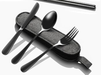 Matte Black 5-Piece Stainless Steel Travel Utensil Set with Waterproof Case, Reusable Portable Flatware Includes Knife, Fork, Spoon, Chopsticks for Camping, Office, Picnic & Daily Use