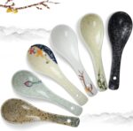 6 Pcs Asian Retro Ceramics Soup Spoons Japanese Style Rice Spoon Flatware Asian Chinese Serving Spoons Appetizers Tableware Meal Partner for Salad Ramen Noodles Wonton